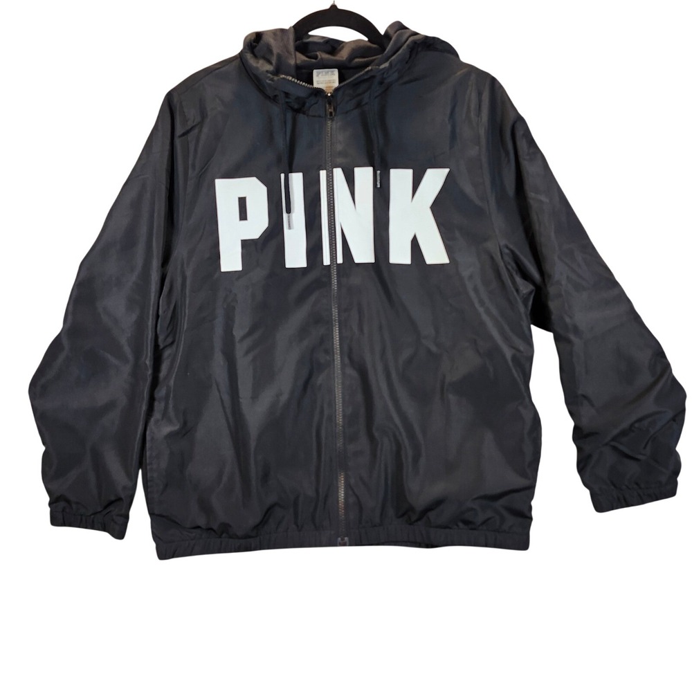 Victoria's Secret PINK Black Full Zip Hooded Windbreaker Jacket Women's XS